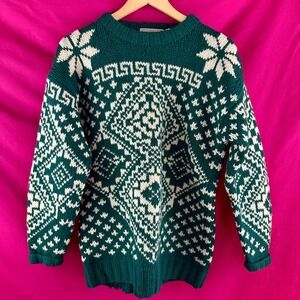 Vintage Gap Wool Nordic Sweater Green Cream Fair Isle Chunky Knit Unisex Small